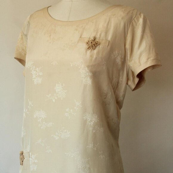 Vintage 1960s Dress with Pocket, Volup Size Calabash House Ivory Silk Damask - Picture 8 of 10